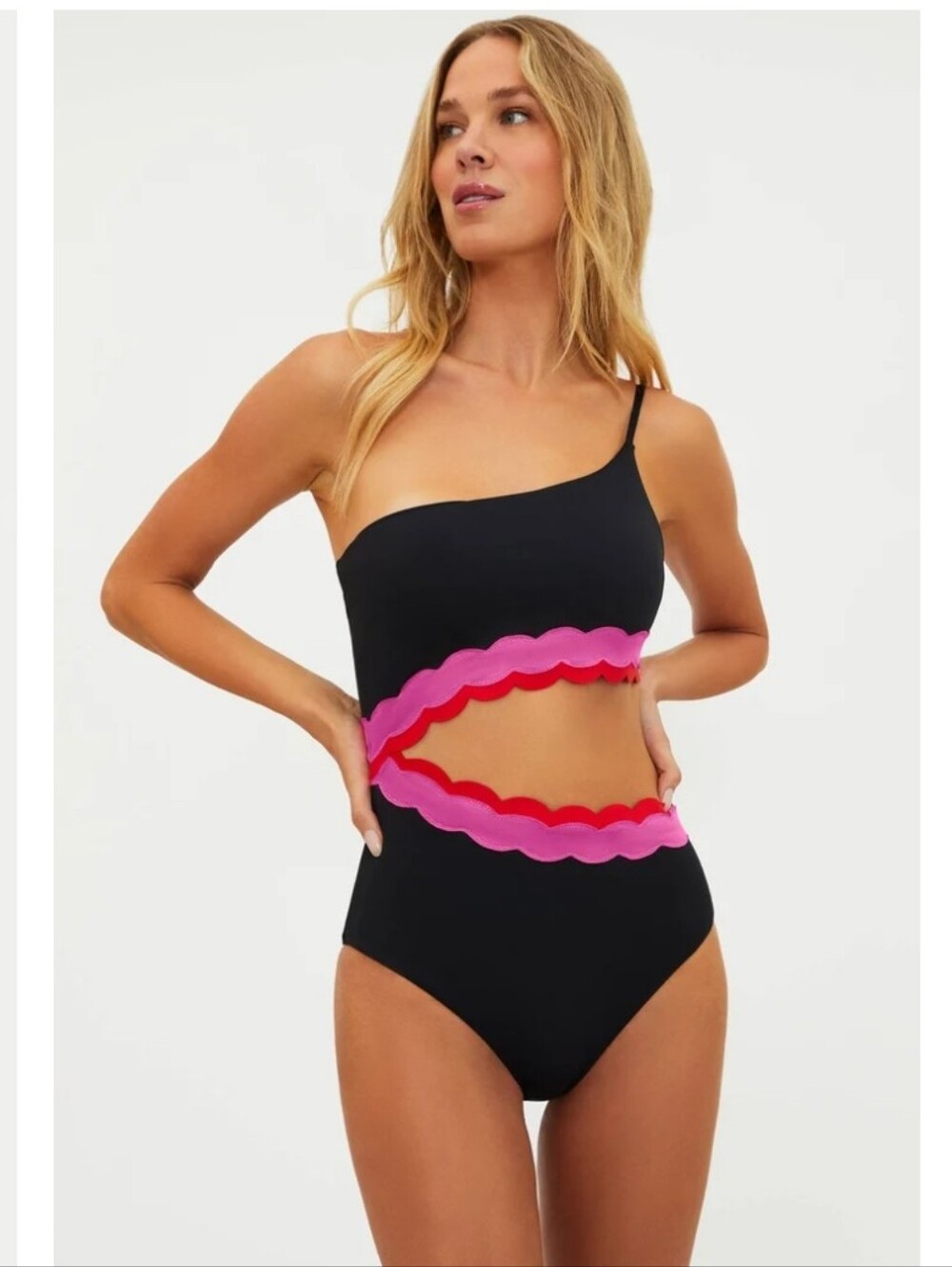 New!Beach Riot Black One-Shoulder One-Piece with Pink Scallop Trim